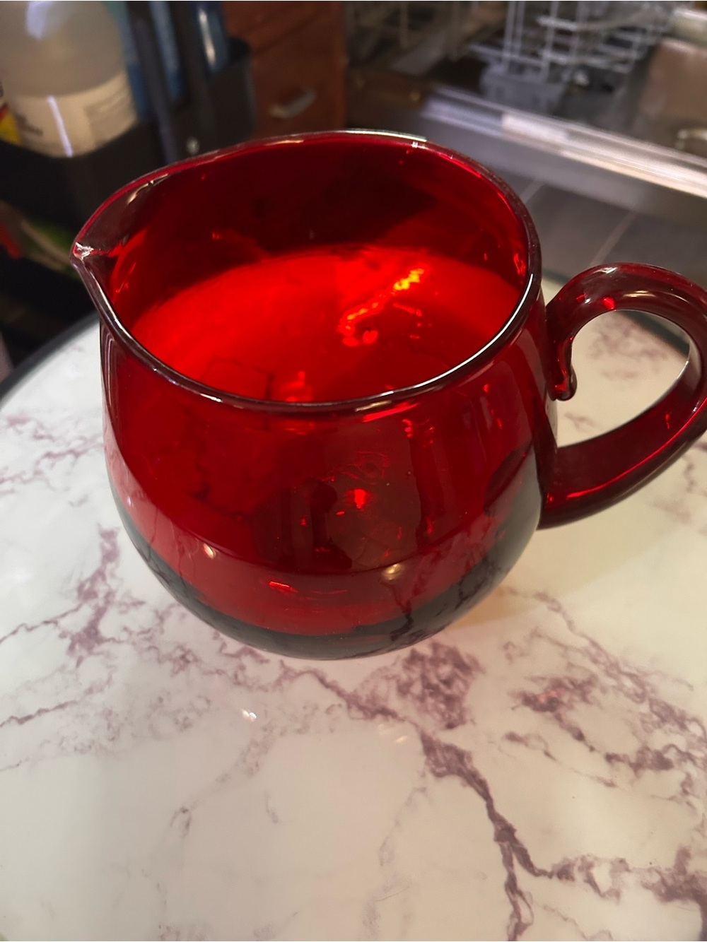 Hand blown Red Glass Pitcher with Handle